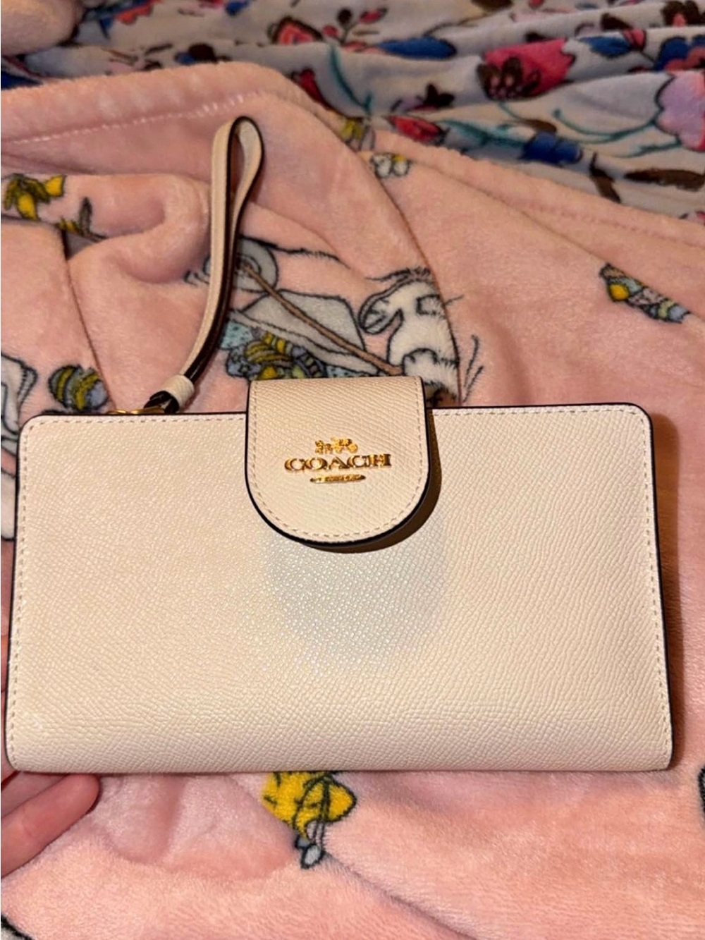Coach Leather Wristlet Wallet in Cream with Gold Logo